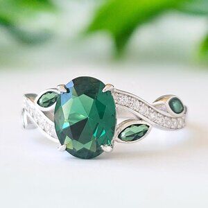 Emerald Green Oval Gemstone Ring, 925 Sterling Silver Charmed Aroma Size 7